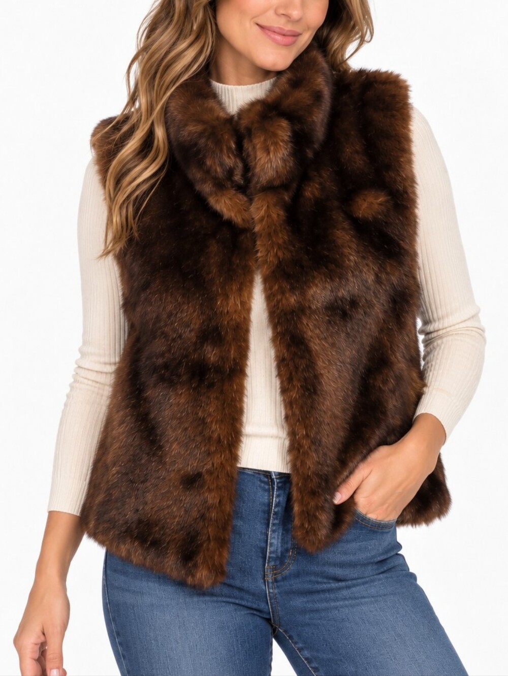 VALERIE STEVENS Rich Brown Faux Fur Vest Jacket – Small